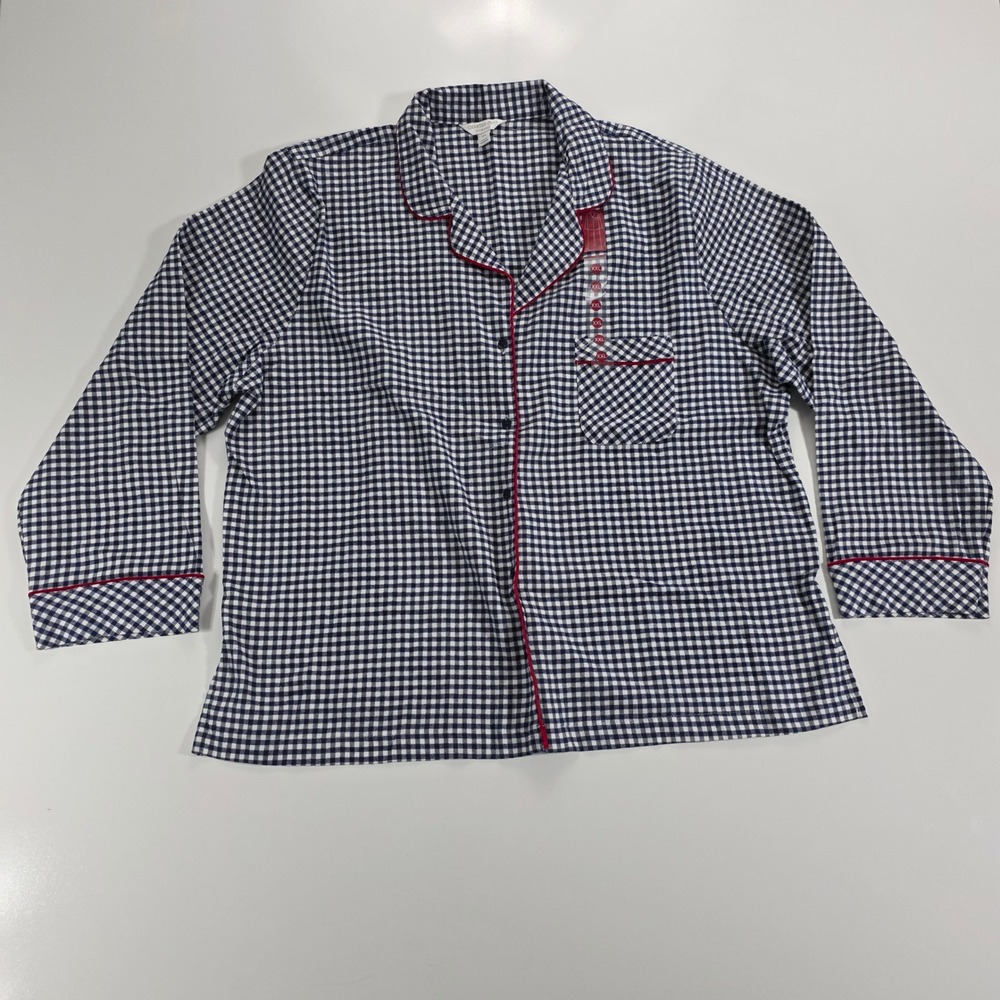 NEW Charter Club Intimates XXL Navy Gingham Cotton Pajama Top Piping Button Down